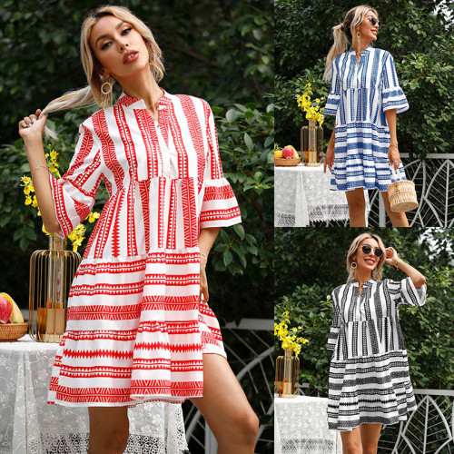 New Fashion Sexy V-Neck Loose Solid Color Striped Casual Dress