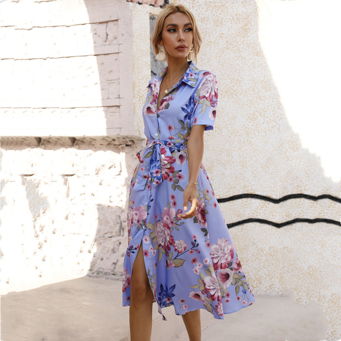 Women's Printed Lace-Up Single Breasted Short Sleeve  Maxi Dress