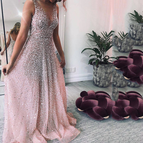 New Fashion Pink Deep V Neck Sleeveless Sexy A-Line Sequin Floor  Prom Dresses