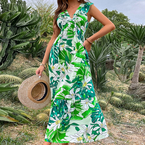 New Casual Green Print Sexy Sleeveless Fashion Elegant Boho  Maxi Dresses