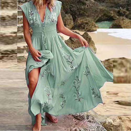Summer Women's Vintage Print Sexy Lace V-Neck Fashion Casual  Maxi Dress