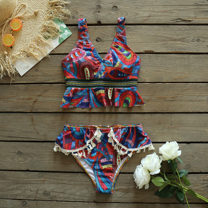 Bikini Stripe Print Two Piece Women Swimwear Ruffle Beachwear New Swimwear