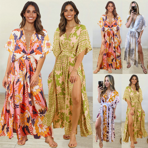 Summer Bohemian Fashion V-Neck Print Irregular  Maxi Dress
