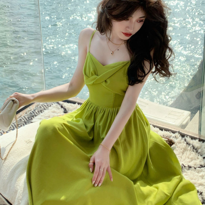 New Sleeveless Retro Girl Simple Solid Color Elegant  Maxi Dress