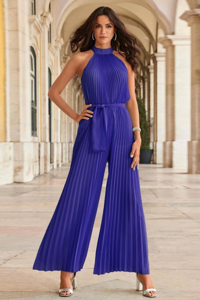 Fashion New Women's Solid Color Street Sleeveless Pleated Wide Leg Jumpsuit