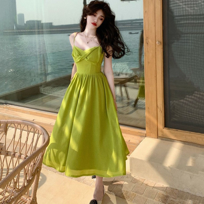 New Sleeveless Retro Girl Simple Solid Color Elegant  Maxi Dress