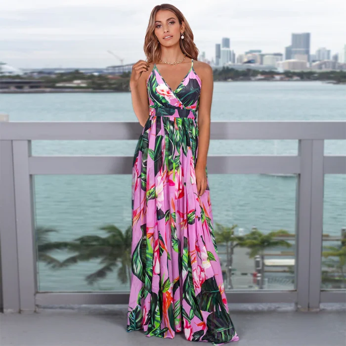 New Printed V Neck Strap High Waist Slim Sexy Backless Boho  Vacation Dress