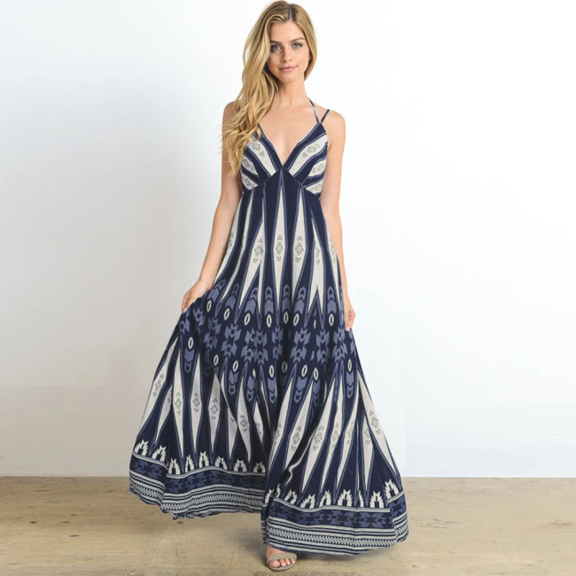 New Vintage Print Boho Sling Sleeveless V-Neck Sexy Beach  Maxi Dress