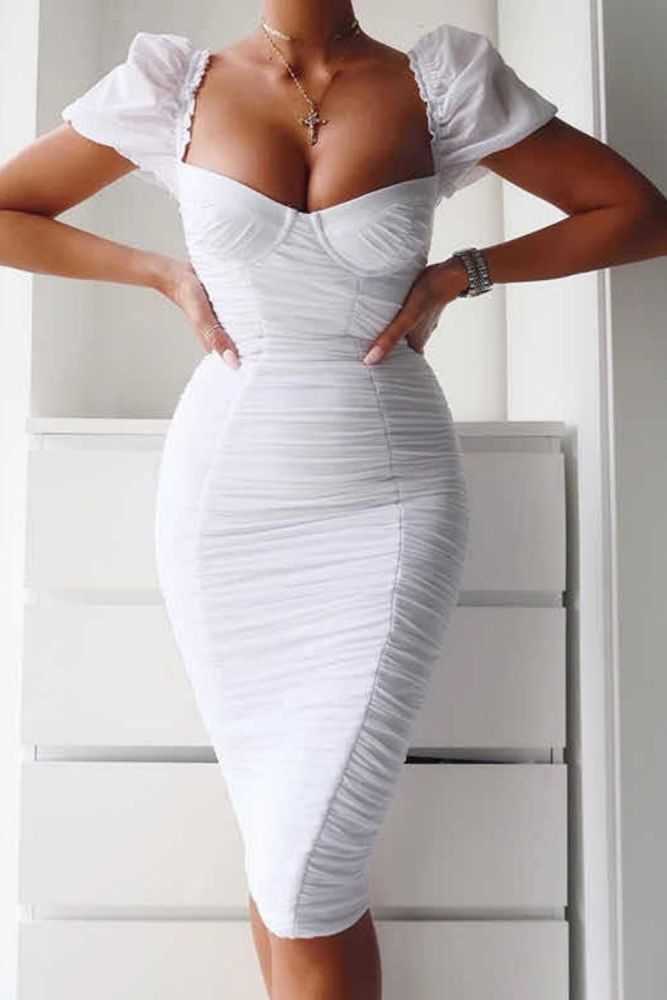 New Sexy Backless Female Puff Sleeves Square Neck Elegant  Bodycon Dresses