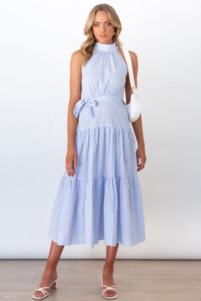 New Women's Halter Stripe Print Sleeveless Slim  Maxi Dress