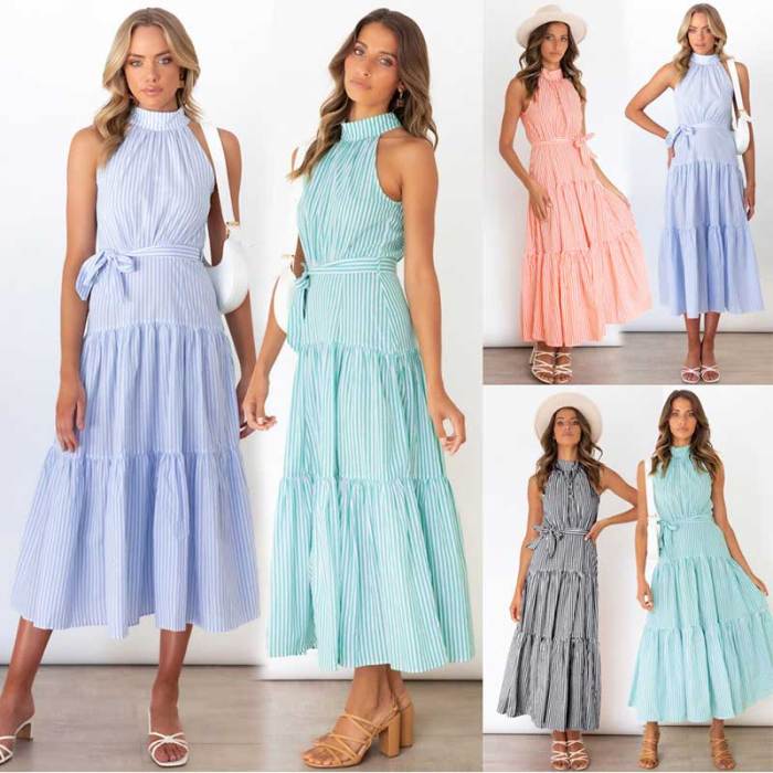 New Women's Halter Stripe Print Sleeveless Slim  Maxi Dress
