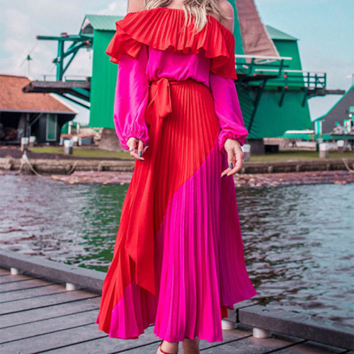 New Women's Elegant Long Sleeve High Waist Contrast Color Irregular  Maxi Dress