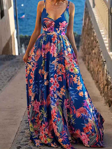Ladies Elegant Slit Sexy V Neck Floral Sling Party  Maxi Dress