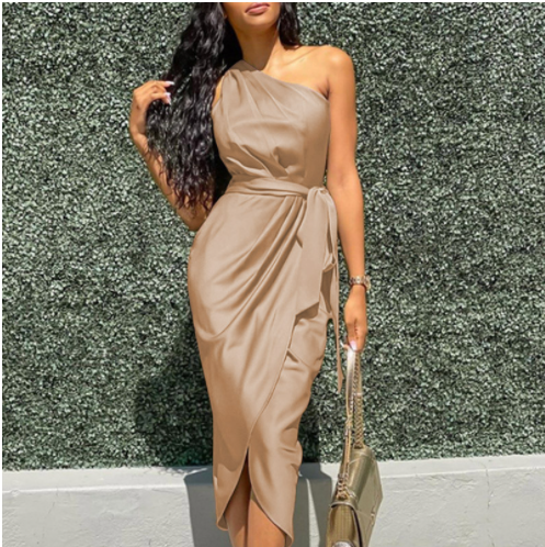 Women's Elegant Dyed One-Shoulder Ruched Skinny Tunic Slim Party Maxi Dress