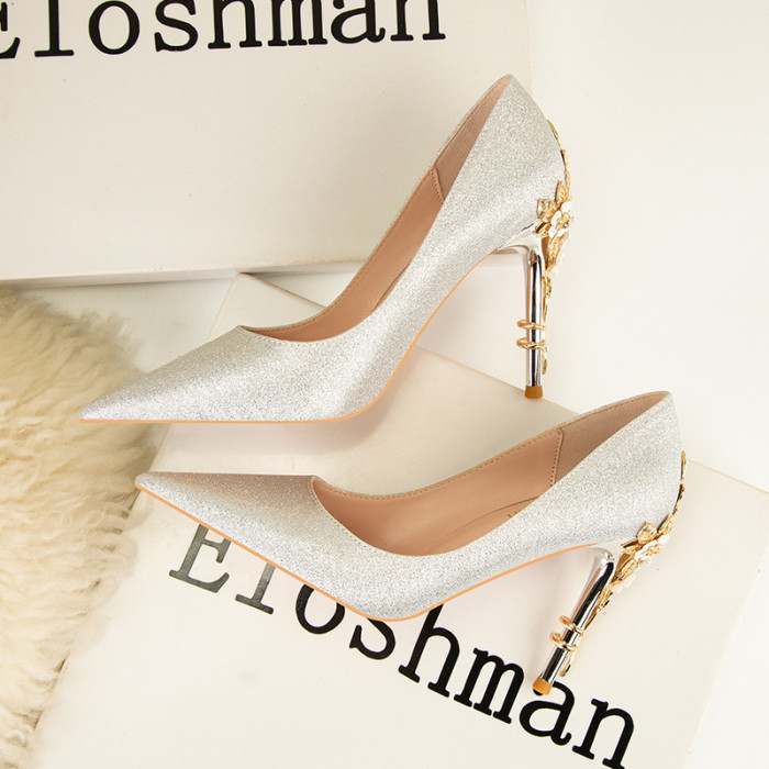 New Women's Shoes Metal Flowers Elegant Stiletto High Heels