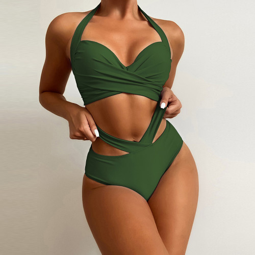 Ladies Simple Hollow Swimsuit Sexy Backless Solid Color Beach  Bikini