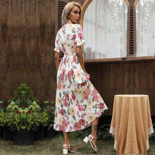 New Women's Boho Print Elegant Ruffle Sleeve  Maxi Dress