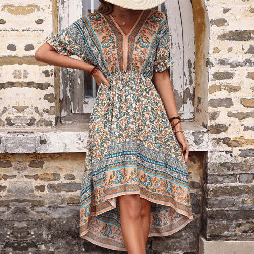 Summer Women's Fitted Print Irregular Elegant Casual  Vacation Dress