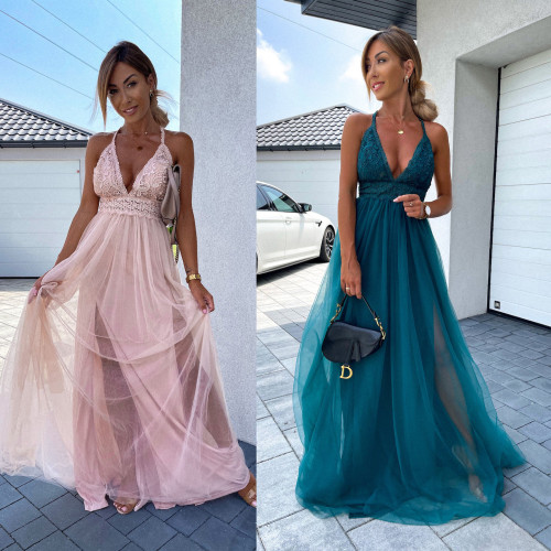 New Elegant Solid Color Party Sexy Deep V Neck Fashion Lace Backless  Prom Dress