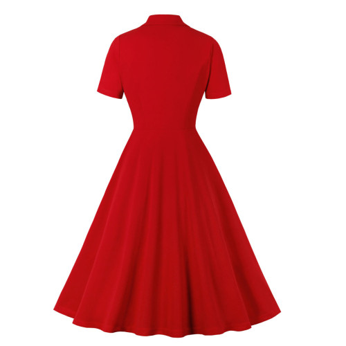 Women's Red 1950s Casual Short Sleeves  Vintage Dress