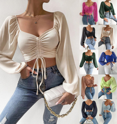 Women's Top Solid Color Ruched Long Sleeve V-Neck Sexy Fashion Casual Shirts