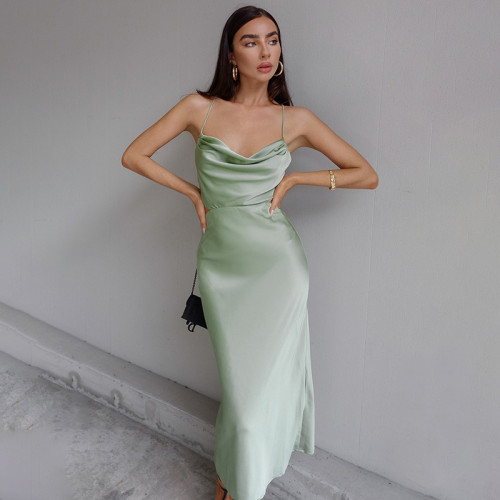 Women's Sexy Low Cut Backless Elegant Satin Party Casual Solid Color  Maxi Dress