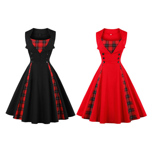 New Women's Sleeveless Simple Plaid  Vintage Dress