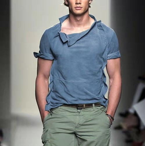 Summer Men's Fashion Solid Color Retro Irregular Stand Collar Loose T-Shirt