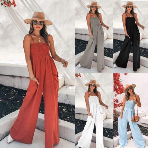 Women's Fashion Solid Color Sexy Sleeveless Sling Loose Casual Jumpsuit