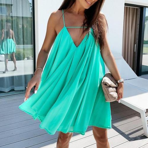 Women's Sexy Sling Party Beach Backless Pleated A-Line Mini Dress