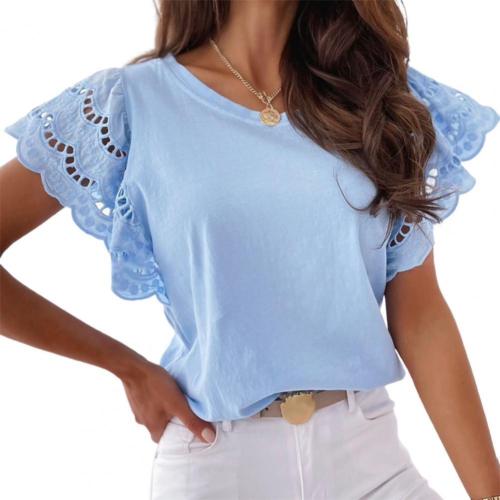 Summer Women's Top Lotus Sleeve Lace Round Neck Loose Elegant T-Shirt