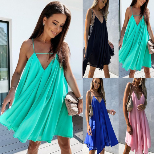 Women's Sexy Sling Party Beach Backless Pleated A-Line Mini Dress