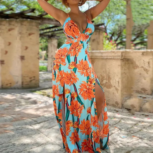 Women's Summer Cutout Floral Slit Casual Boho  Vacation Dress