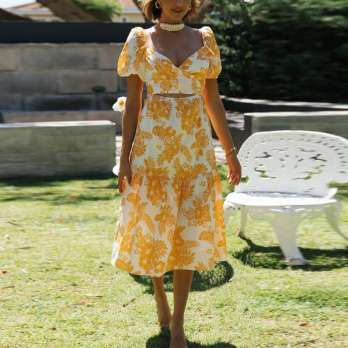 Women's Yellow Puff Sleeves Print Floral Elegant Fashion  Maxi Dress