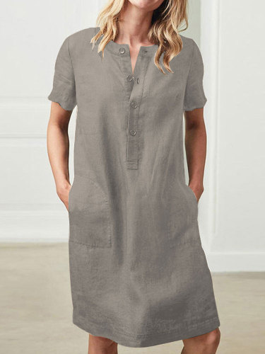 Women's Cotton  Loose Button Solid Plus Size  Linen Dress