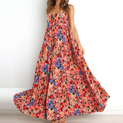 New Women's Fashion Floral High Waist Swing  Maxi Dress