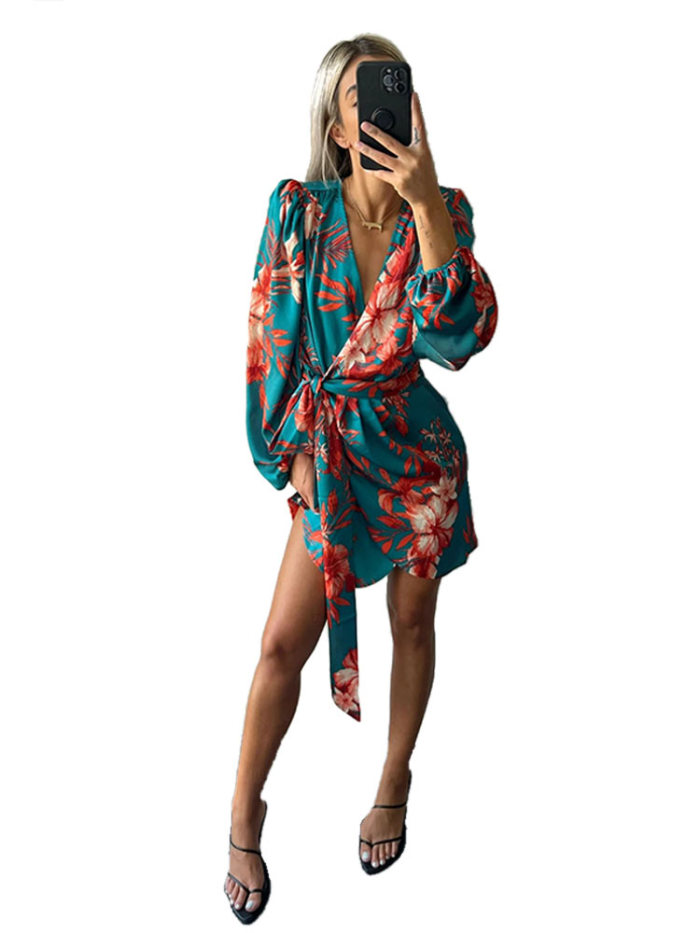 Summer Print Lace-Up V-Neck Puff Long-Sleeve Mini Dress