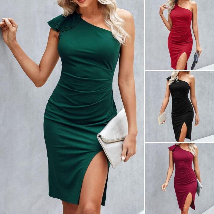 Sexy One Shoulder Sexy Ruched Sleeveless Solid Bodycon Dress