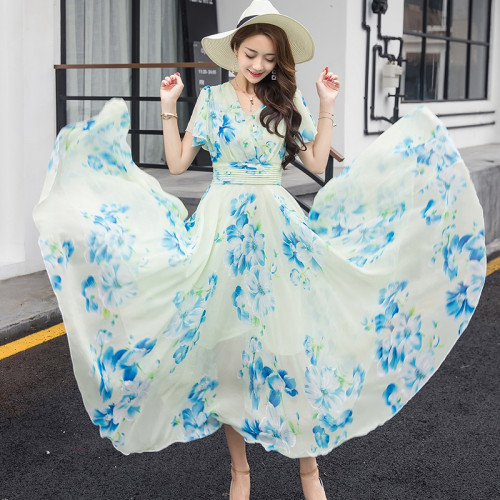 Summer New High Waist Chiffon Beach Vacation Fashion Elegant Print  Maxi Dress