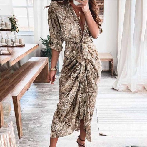 Summer Women's Fashion Button Pleated Casual Print Elegant Party  Maxi Dress