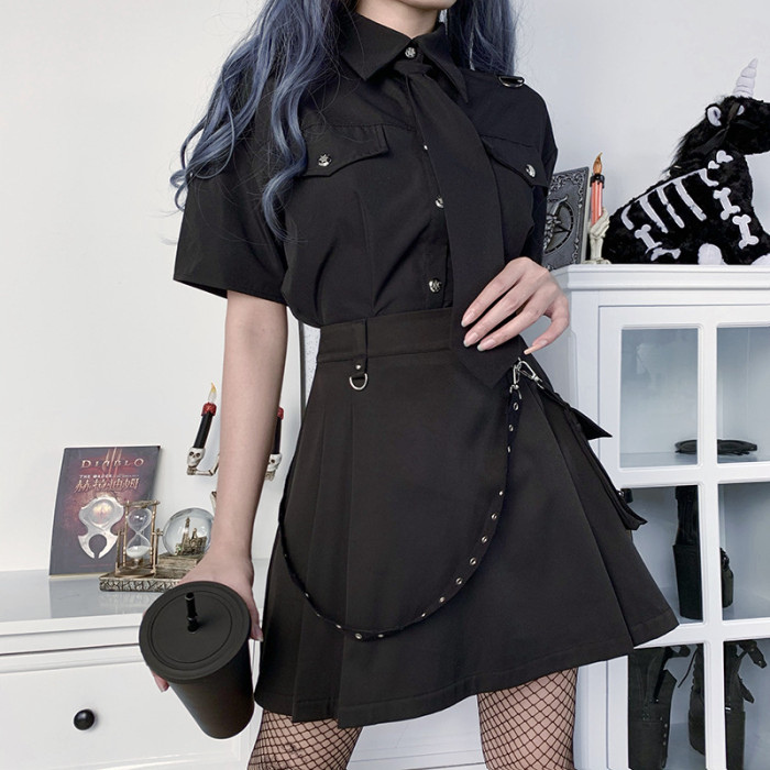 Functional Punk Irregular Pleated A-Line High Waist Workwear Waist Chain  Y2K Skirt