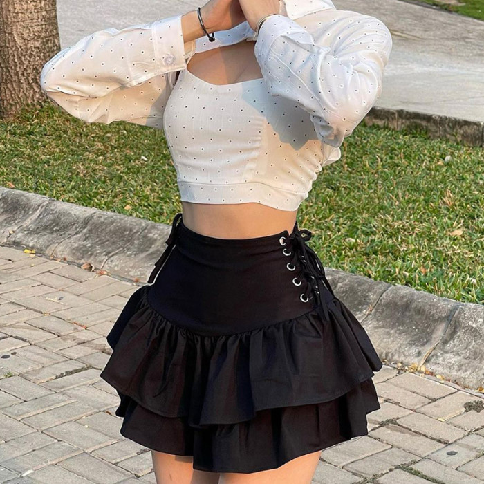 New Black Sexy Side Waist Tie y2k Mini Skirt
