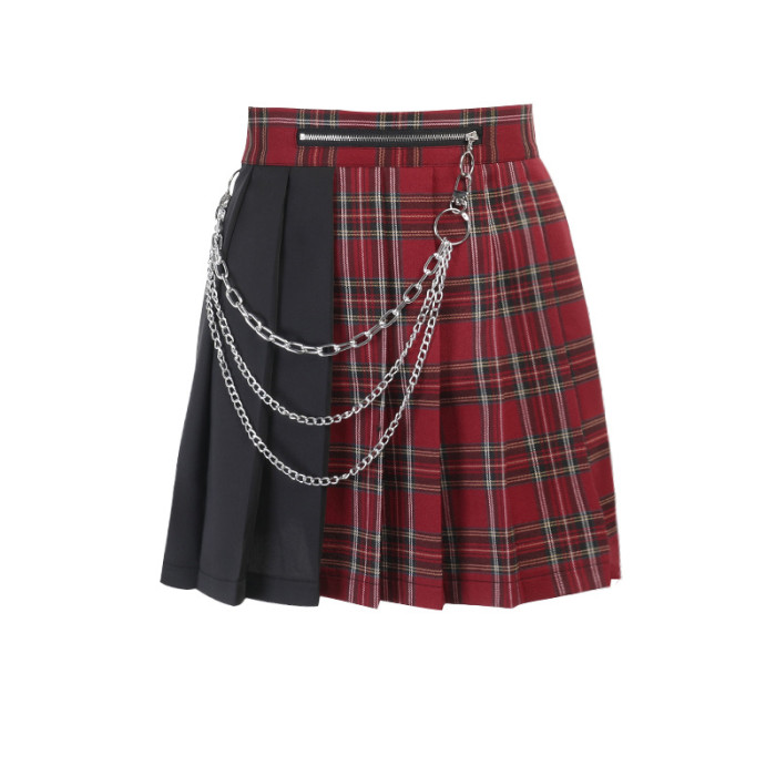 y2k Summer Women's Sexy Plaid Chain High Waist Pleated Mini Skirt