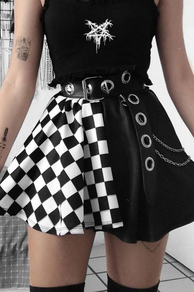 Women's Casual High Waist Checkerboard Print Colorblock Flared  Y2K Skirt