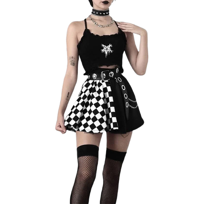 Women's Casual High Waist Checkerboard Print Colorblock Flared  Y2K Skirt