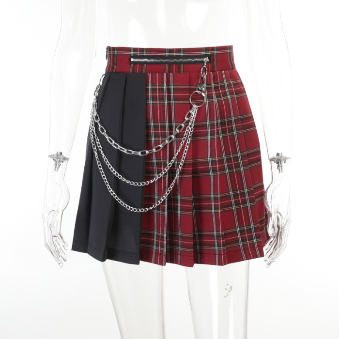 y2k Summer Women's Sexy Plaid Chain High Waist Pleated Mini Skirt