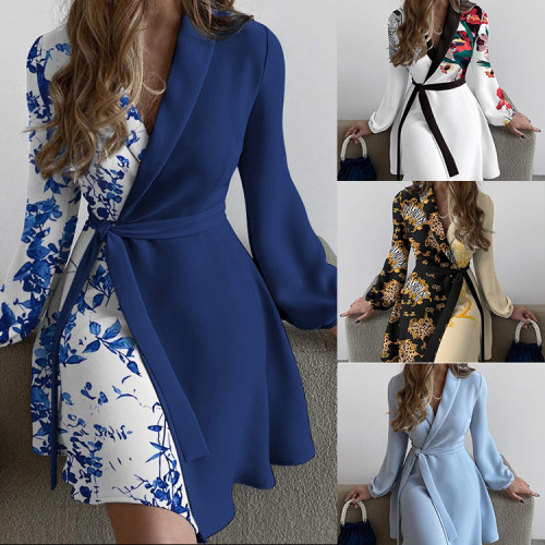 Women's Summer Fashion Temperament Printed Long Sleeve Lace  Casual Dress