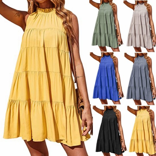 Women's Summer Open Back Pleated Sleeveless Solid Loose Mini  Casual Dress