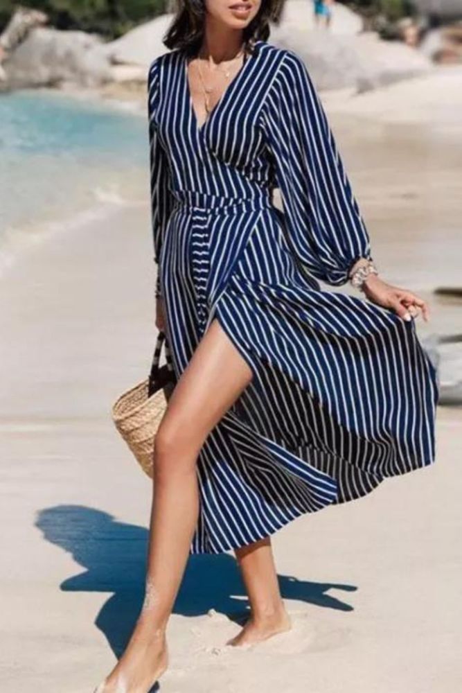 Sexy V Collar Stripe Long Sleeve Beach Vacation Dress