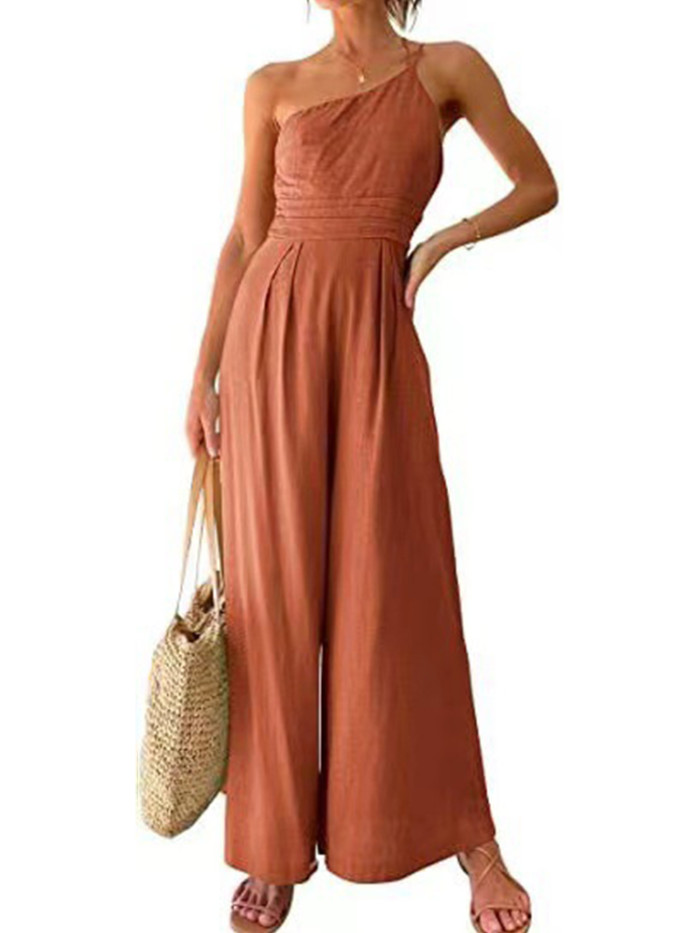 Summer Women's Elegant Solid Color Sexy One-Shoulder Cotton And Linen Jumpsuit